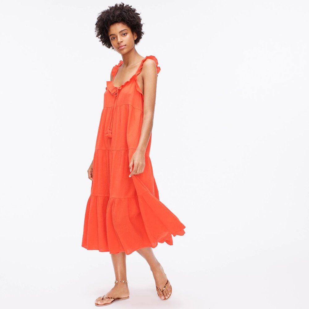 Tiered ruffle maxi beach dress in crinkle cotton